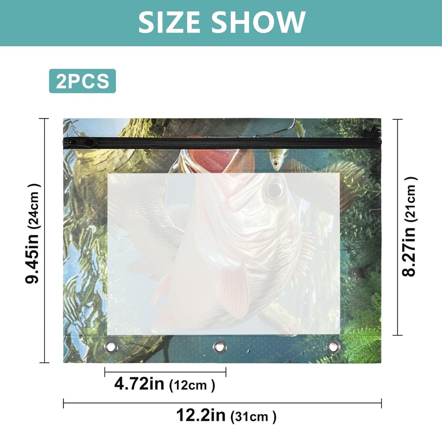 Largemouth Bass Fish 2 Pack 3 Ring Binder Pocket A4 Size Binder Pouches Clear PVC Loose Leaf Folder Sleeves Storage Bags for Files, Documents