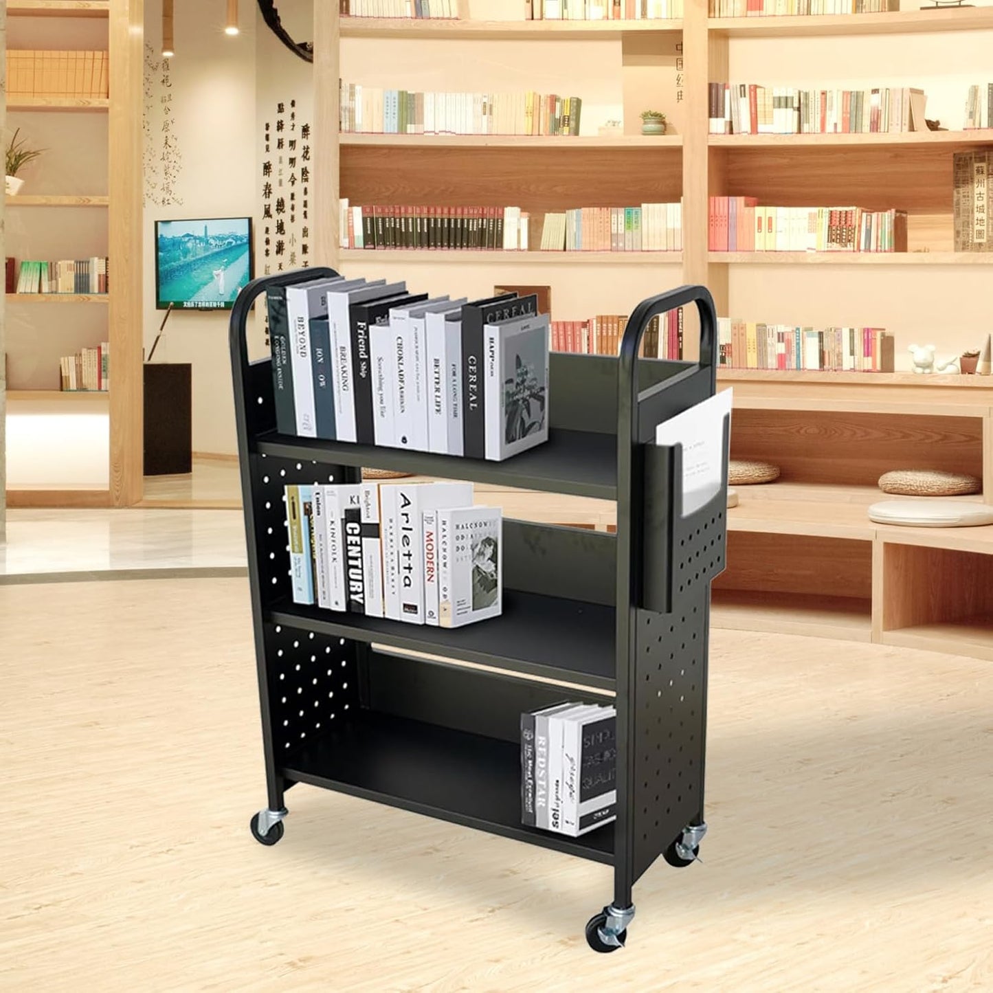 Rolling Book Cart, 300LBS Library Cart 30'' x 13'' x 46'' Rolling Bookshelf, 3 Tier Book Truck Single Sided V-Shaped Sloped Shelves with Lockable Wheels for Home Book Shelves,Offices Bookshelf Cart