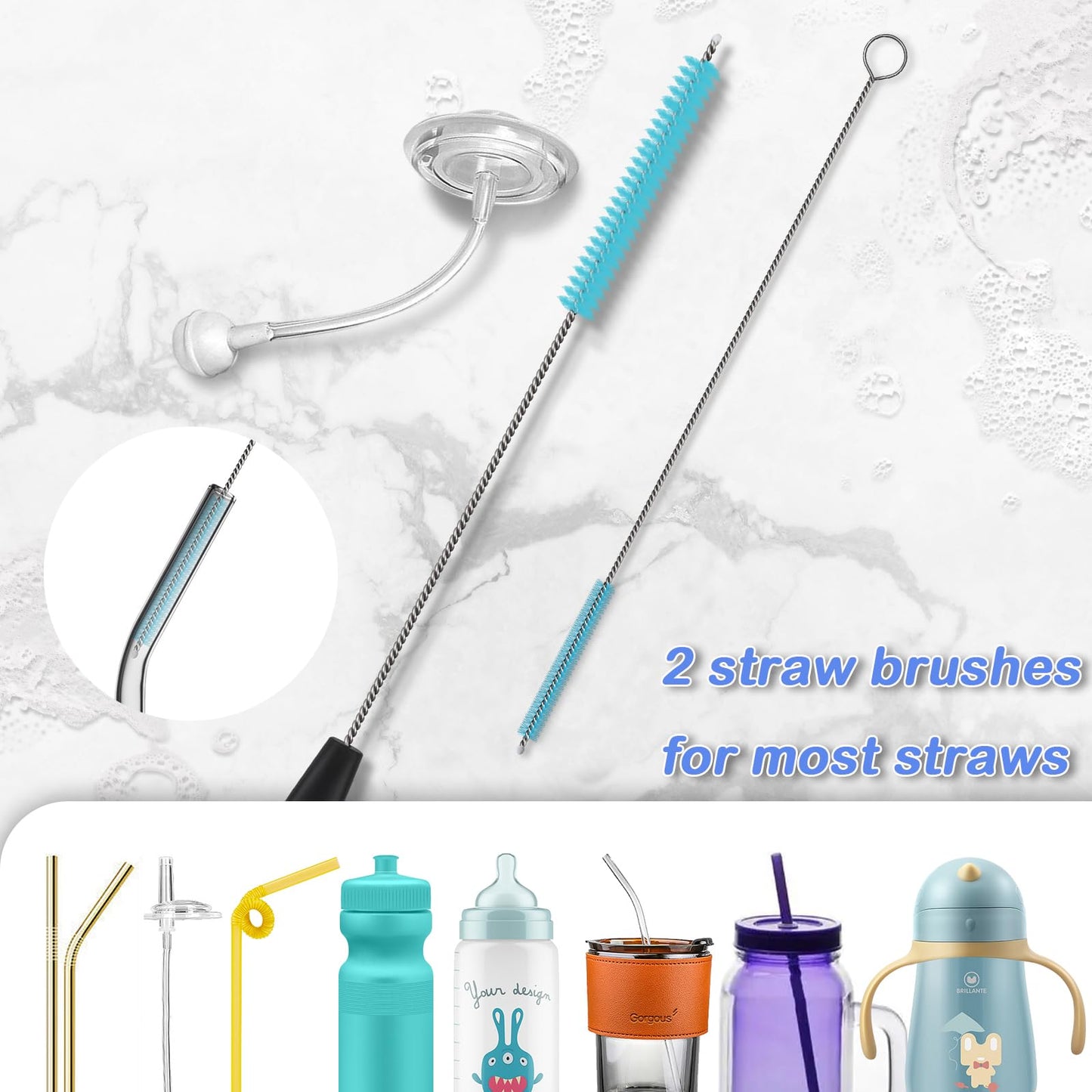 3 in 1 Long Handle Water Bottle Brush - Water Bottle Cleaning Brush Accessory - Flexible Scrubbing Brush for Water Bottles, Straws, Glassware - Includes Storage Ring and Hook, Dishwasher Safe Reusable