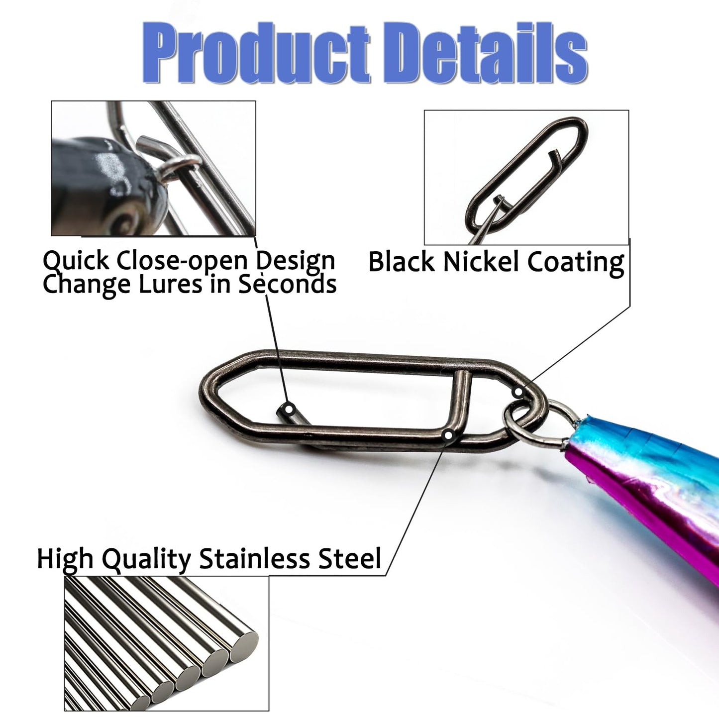 Fishing Clips Power Clip, 50pcs Speed Clip for Fishing Lure Quick Change Connector Link Split Rings Snaps Saltwater Freshwater Black Nickel #0