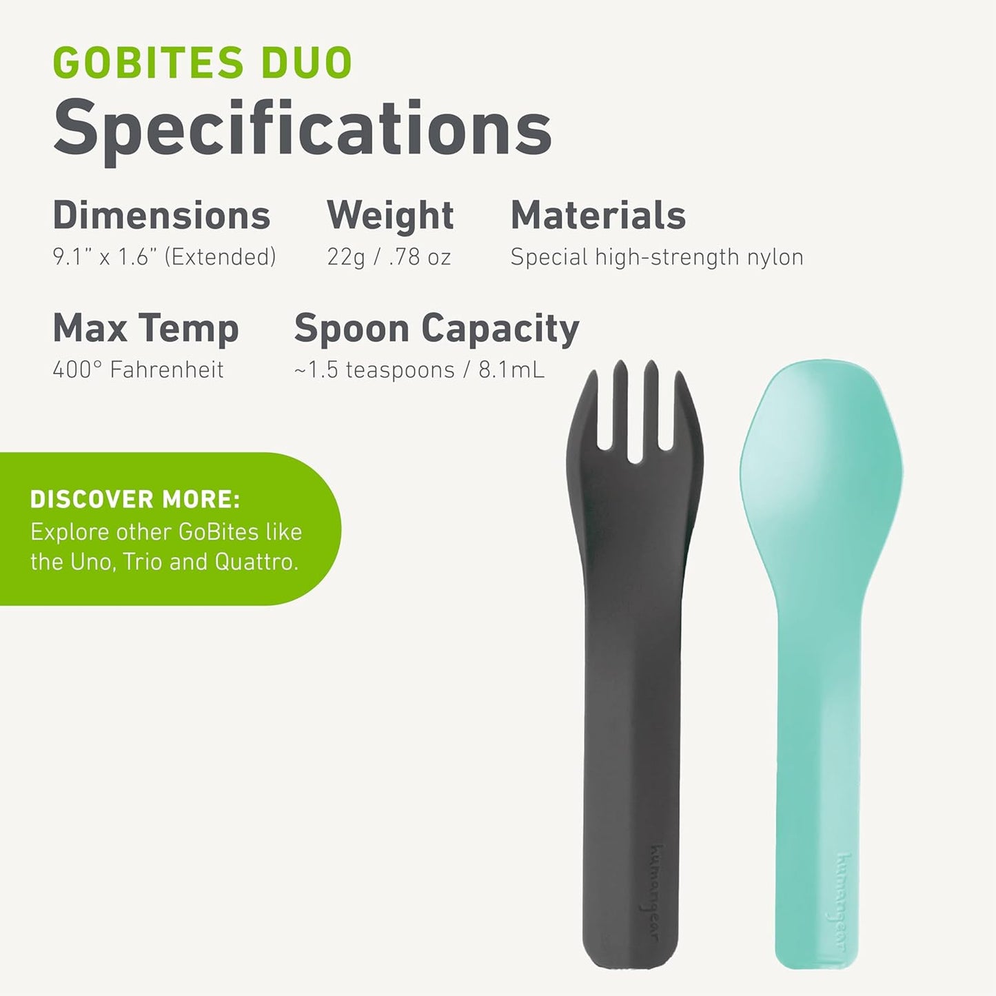 humangear GoBites Duo and Bio Duo Travel Silverware, Full Size Portable Fork & Spoon, Reusable Utensil Set, PC and BPA-free, Food-Safe Nylon or Plant-Based Resin, Extended - 9.1” X 1.6”