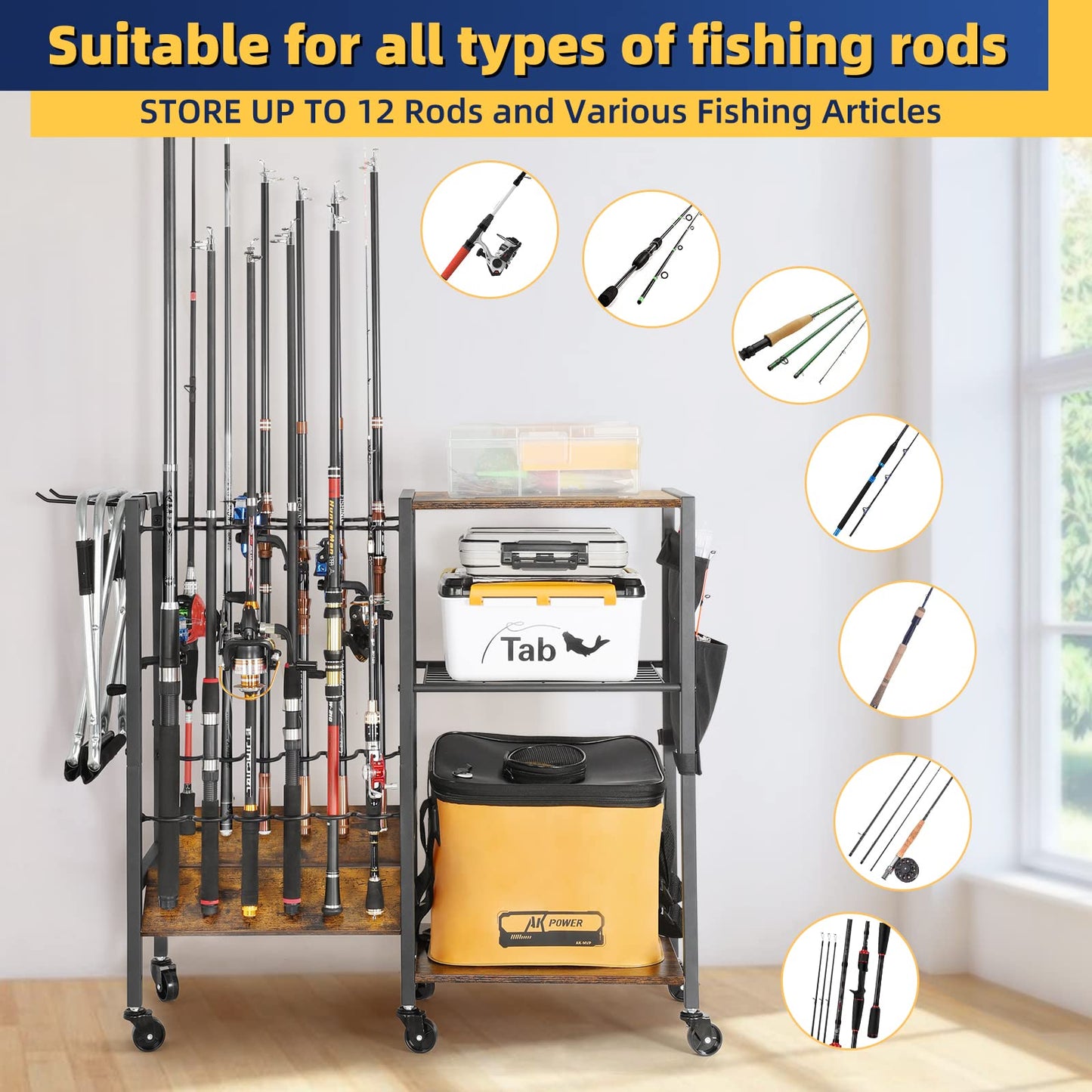Olakee Fishing Rod Holders for Garage - Fishing Pole Holders up to 12 Rods, Fishing Gear Equipment Organizers Rod Tackle Cart for Home Entryway Corner