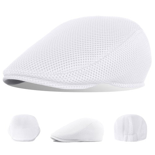 meioro Men's Mesh Flat Cap Summer Breathable Newsboy Hats Beret Ivy Cap Gatsby Irish Cabbie Driving Hat Full Head Wrap White