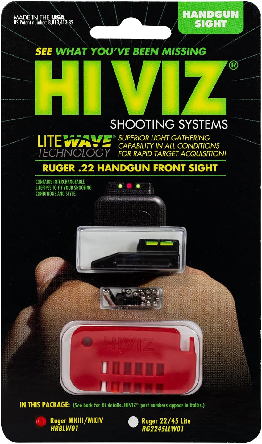 HIVIZ HRBLW01 Ruger Mark II and Mark III Interchangeable LITEWAVE Front Handgun Sight Green, Red, and White, One Size