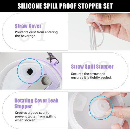 NiHome Silicone Water Bottle Handle with Anti-Spill Stopper Kit - Compatible with Stanley 1.0 & 2.0, Fits 2.7-5.12 Inch Diameter for Easy Carrying On-The-Go (Purple)