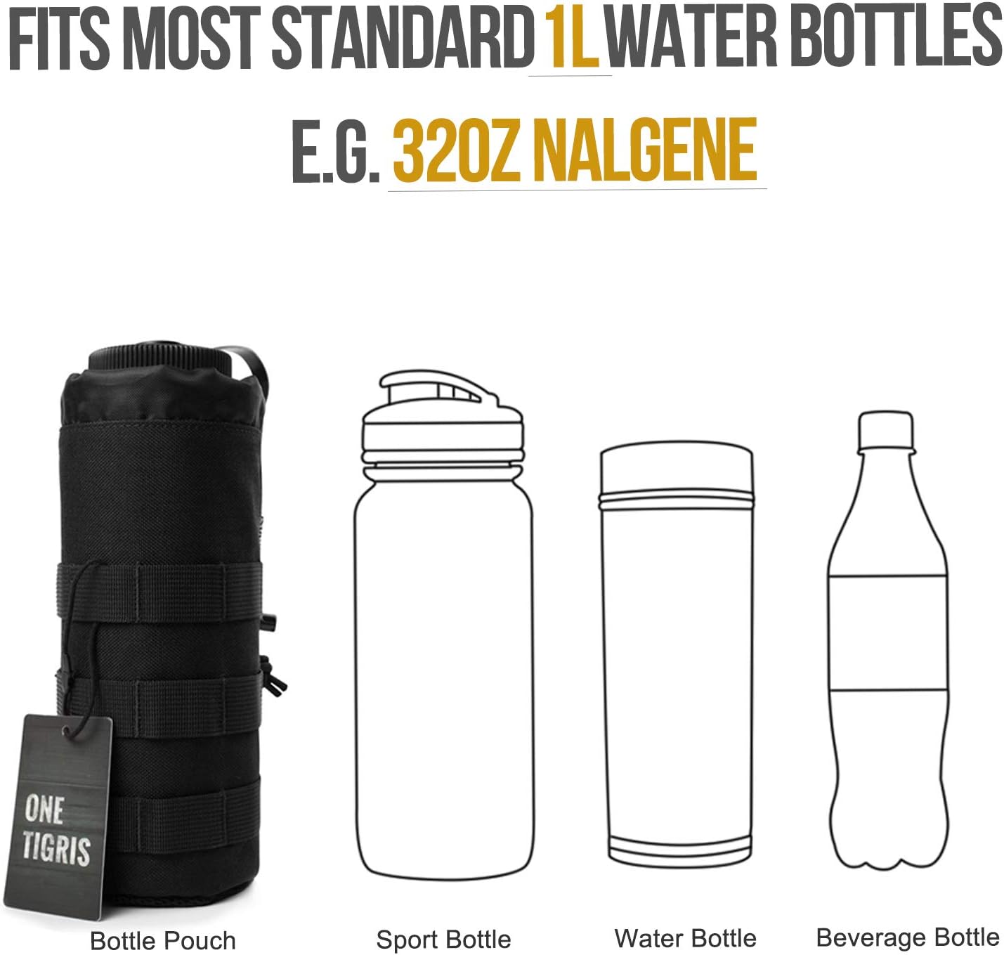 OneTigris Water Bottle Pouch 32 oz - Upgraded Water Bottle Holder, Tactical Drawstring Molle Water Bottle Carrier Bag 1000D Nylon for Walking Traveling Hiking Camping Cycling Outdoor Sports