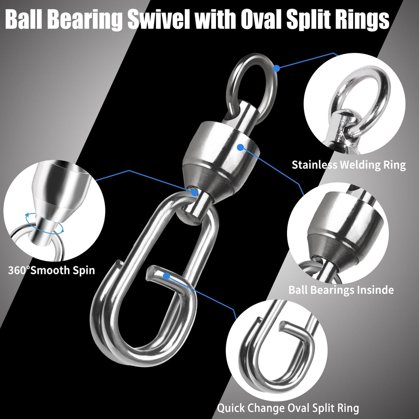 FishTrip Ball Bearing Swivel with Oval Split Rings - 25pcs Snap Swivels Fishing Tackle Saltwater Freshwater (Size 1_41lbs)