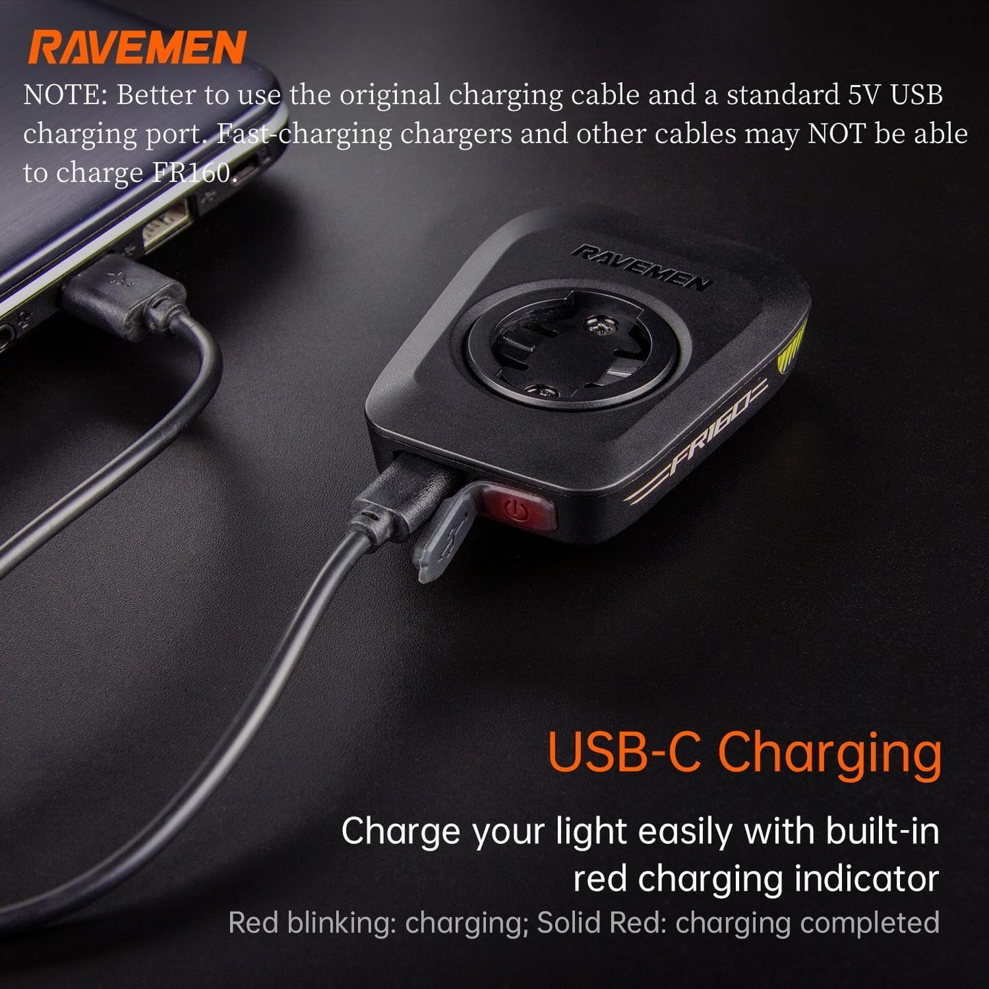 RAVEMEN FR160 Compatible with Wahoo Bike Computers and Mount, IPX6 Waterproof Auxiliary Bike Headlight with 160 Lumens Warning Flashing Mode for Road Bike Riding Safety (QTM01 Included)