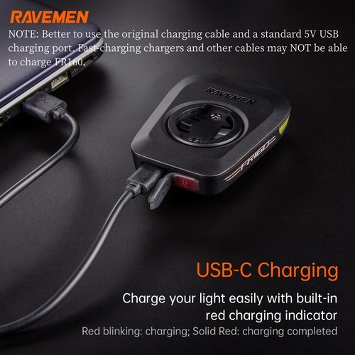 RAVEMEN FR160 Compatible with Wahoo Cycle Computers, IPX6 Waterproof Bike Backup Headlight with 160 Lumens Warning Flashing Mode for Being Seen (QTM01 Included)