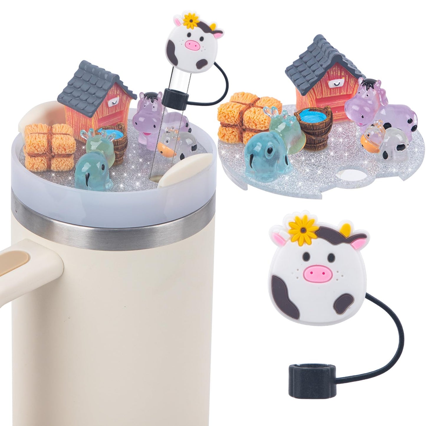 JUNIQUTE Compatible with Stanley Cup Lid Accessories Charms, Charms for Stanley Cups H2.0 Accessories 30oz 40oz with Silicone Straw Cover Cap for Tumblers (Cow, 30oz)