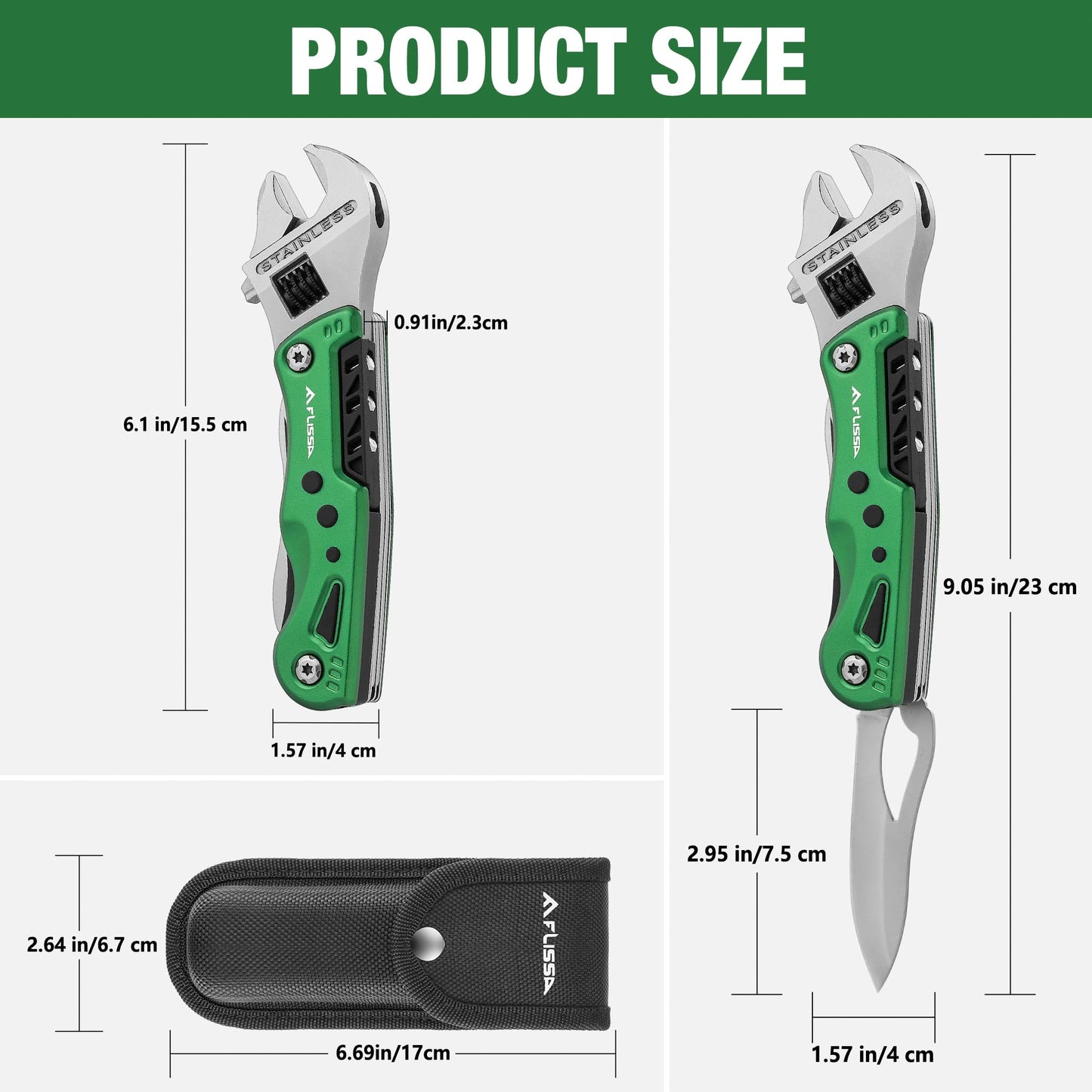 FLISSA 13-in-1 Multi Tool Wrench, Gift for Dad, Stainless Steel Multitool Adjustable Wrench with LED Light, EDC Pocket Knife with Sheath, Multipurpose Multi Use Tool