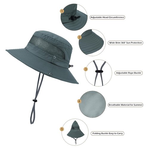 Durio UPF 50+ Sun Hat for Kids - Wide Brim Protection, Breathable Bucket Hat for Boys & Girls, Fishing - Dark Khaki & Dark Grey, 5-13 Years