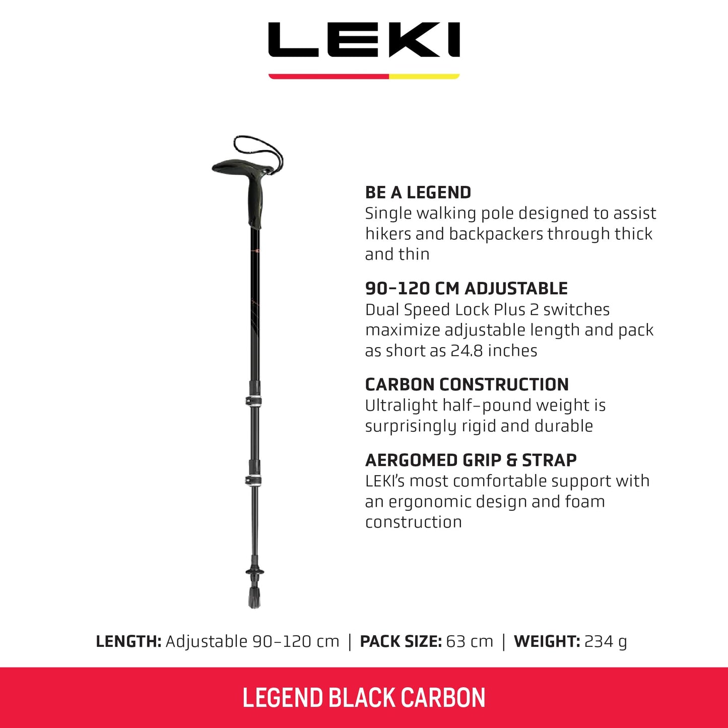 LEKI Legend Black Carbon Adjustable Lightweight Walking Pole (Single) for Trekking & Hiking - Black-Anthracite-Copper - 90-120 cm