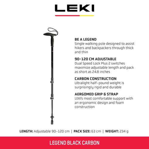 LEKI Legend Black Carbon Adjustable Lightweight Walking Pole (Single) for Trekking & Hiking - Black-Anthracite-Copper - 90-120 cm