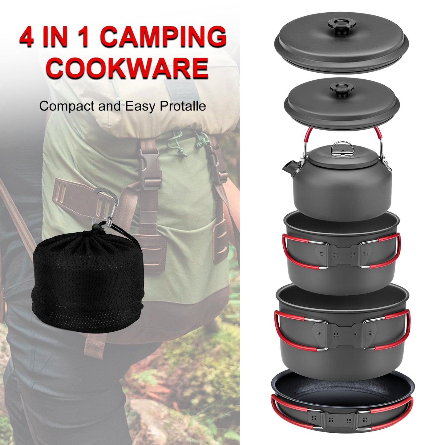Alocs Camping Cookware Set Gear, Compact Camping Pots and Pans Set, Durable Hard Alumina Cooking Set for Outdoor Backpacking Hiking Picnic, Included Mesh Carry Bag.