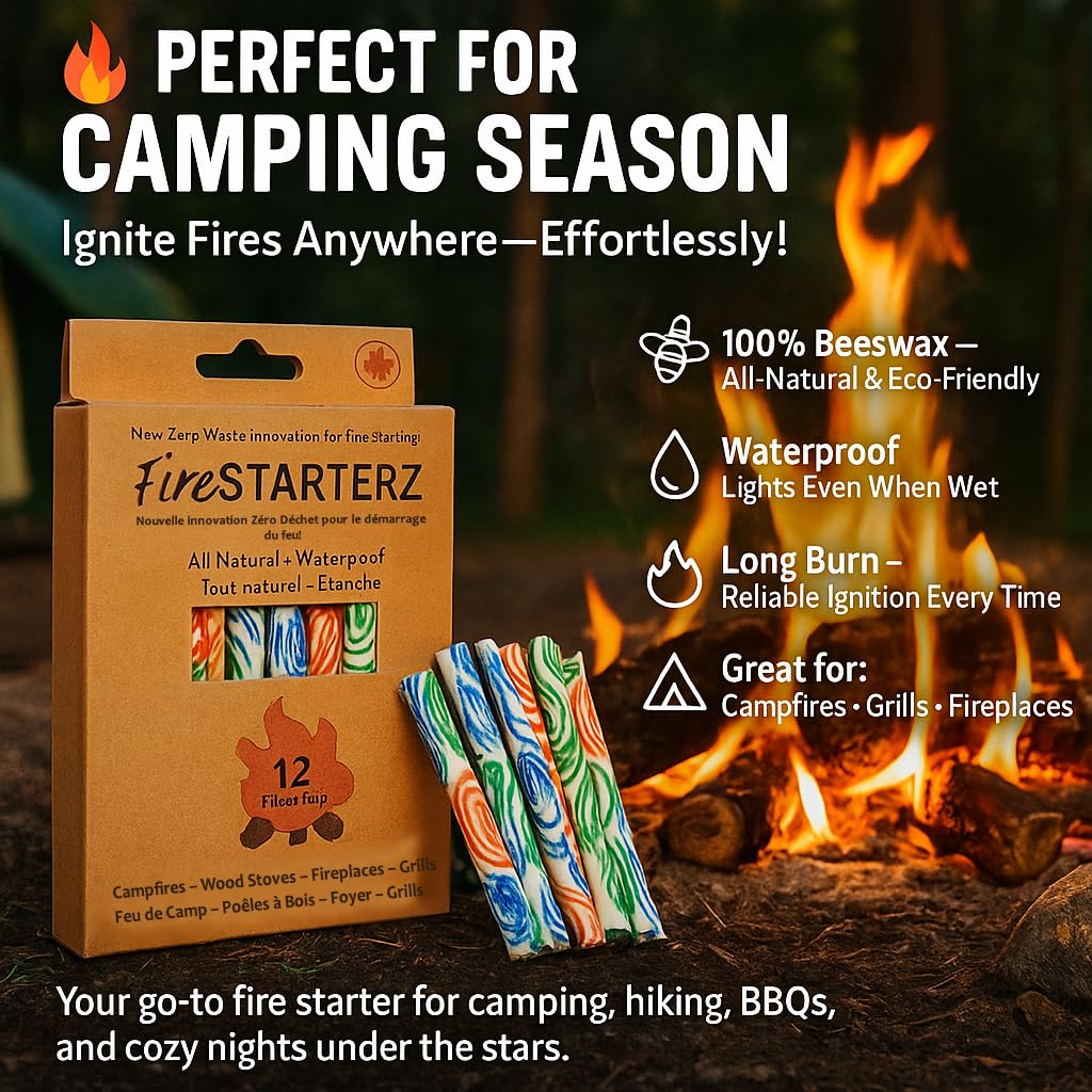 FireSTARTERZ™ 100% Beeswax All-Natural Eco-Friendly Fire Starters – Non-Toxic, Long-Burning, Waterproof – Perfect for Camping, BBQ, Fire Pits, Fireplaces, Wood Stoves & Emergency Kits
