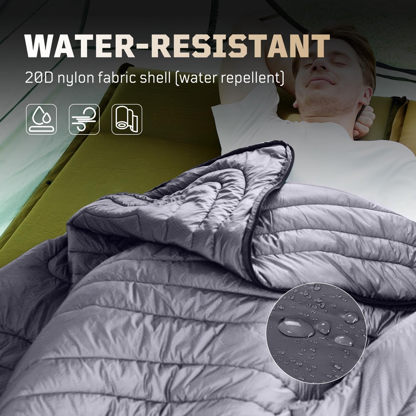 1TG Tactical Camping Blanket, Packable, Lightweight Warm Camp Quilt with Zipper, Multifunctional Outdoor Sleeping Blanket for Backpacking, Travel, Hammock - Gray