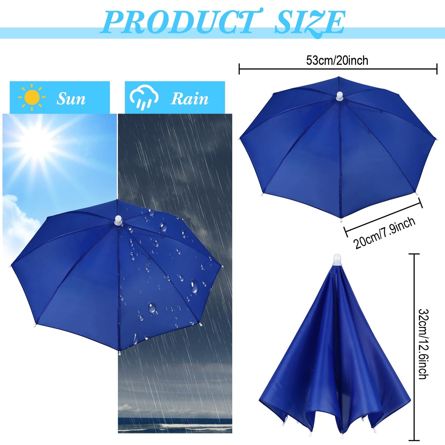 Kacctyen 20 Pieces Royal Blue Umbrella Hat for Adults Waterproof Head Umbrella Cap for Beach Fishing Hiking Camping