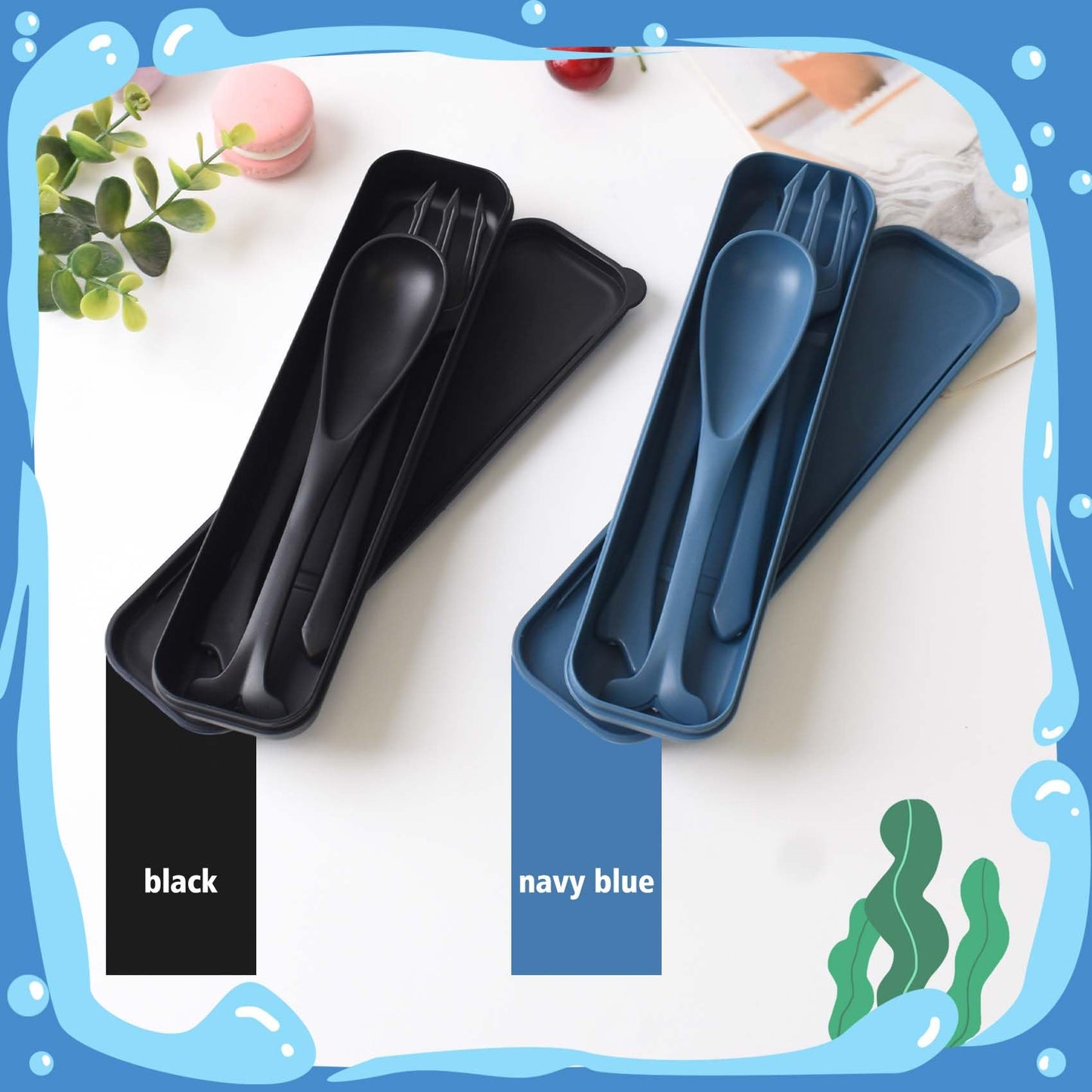 2 Sets Reusable Utensils Set with Case, Plastic Lunch Box Utensils Set for Kids, Travel Cutlery Set for Ocean Party Decorations Picnic or Daily Use (Blue, Black)
