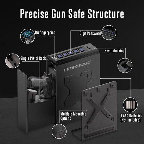 FIREGEAR Carbon Steel Gun Safe with Upgraded Biometric Sensor Unlocks in 0.5s, Stores 20 Fingerprints for Multi-User Access, Childproof Design - Bedside Storage, Nightstand Safe, Compact - Black