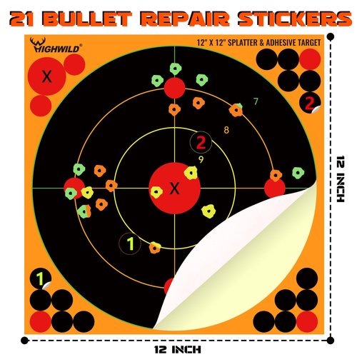 Highwild Adhesive Bullseye Shooting Targets - Splash Effect of Multiple Colors - 12x12 Inch (50 Pack)
