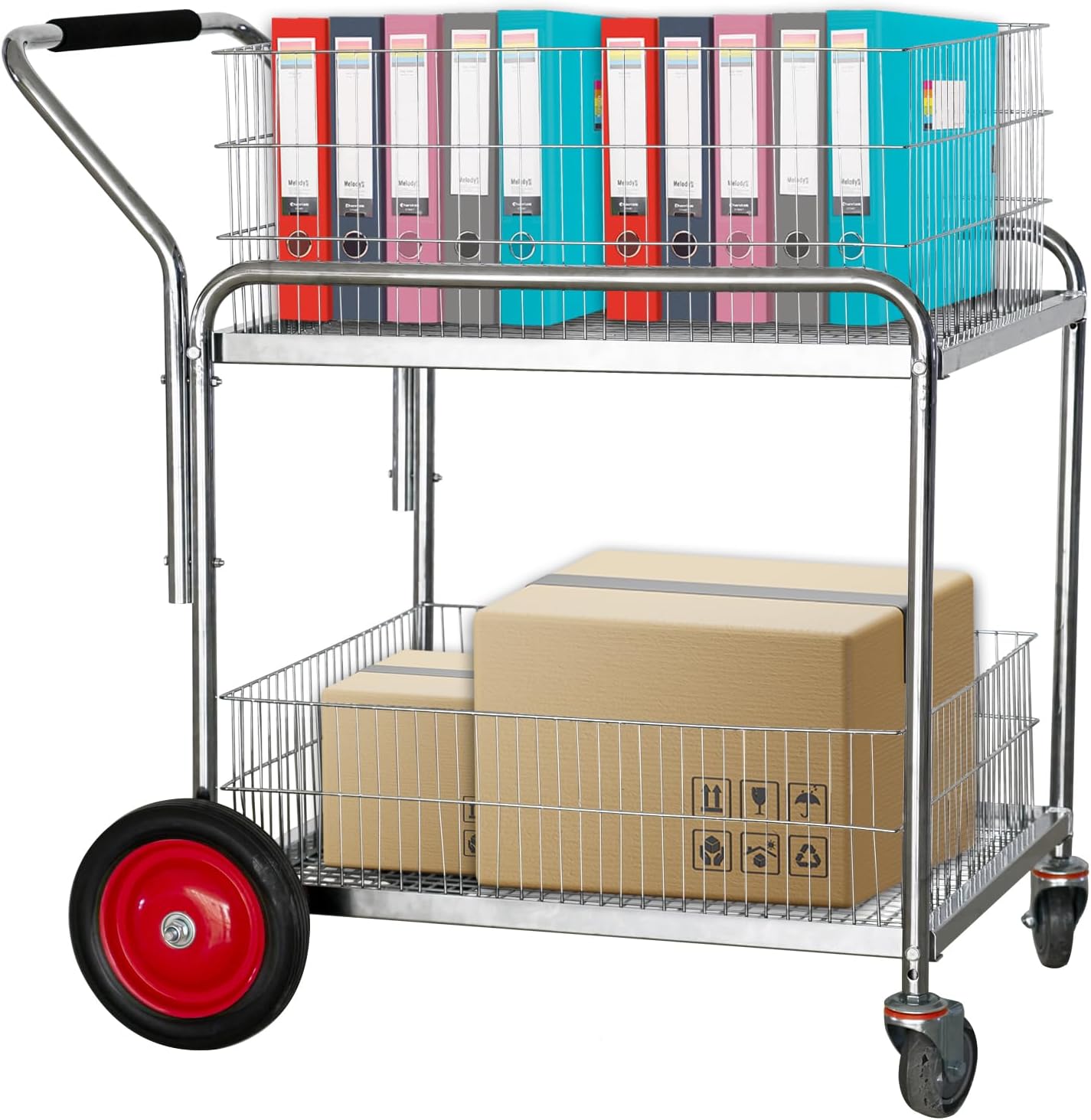 250 Lb Capacity Chrome Heavy Duty Rolling Utility Cart Mail/Office File Cart Grocery Cart with Wheels for Laundry, Shopping, Grocery, Luggage, Office, Kitchen, Restaurant