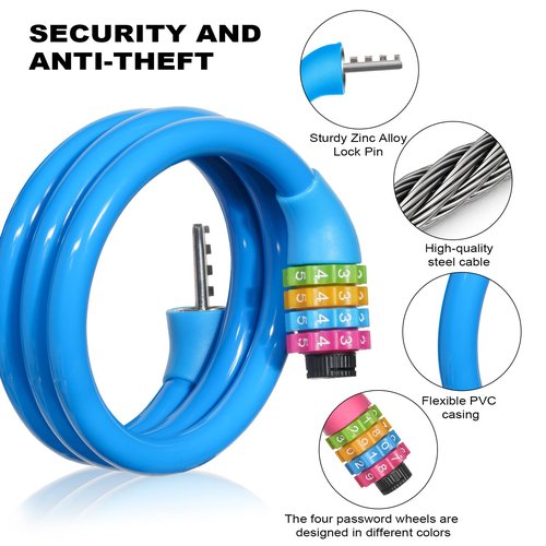 Ainiv Bike Lock, 25 inch Bike Lock Cable, Portable Anti Theft 4 Digits Codes Cable Locks, Resettable Combinations Coiling Bicycle Lock for Bike, Motorbike, Scooter, Skateboard, Gate, Fence (Blue)