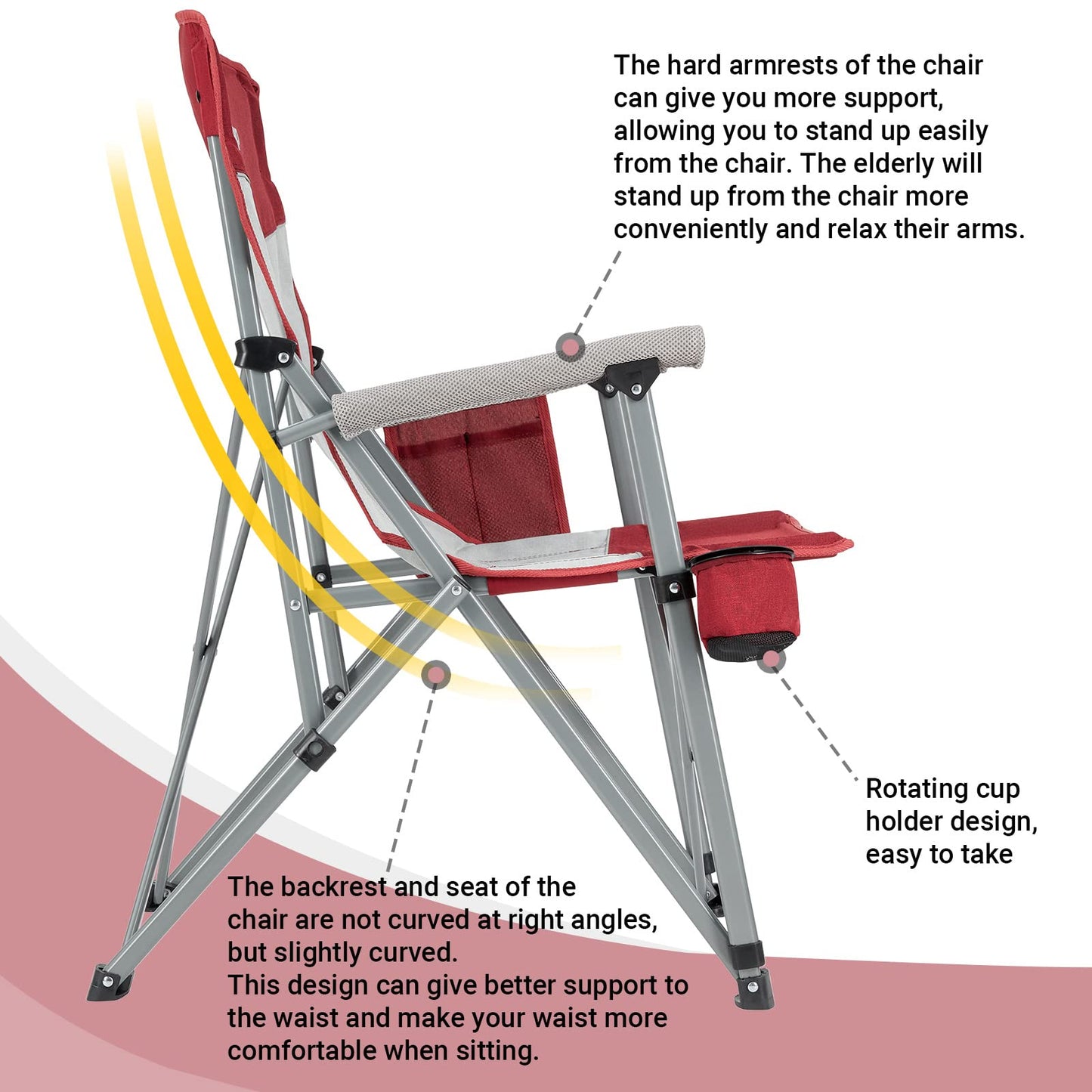 KingCamp Camping Chair for Adults with Arm Rest and Cup Holder Portable Camping Chair Support 300LBS Heavy Duty Folding Camp Chair for Lawn Outdoor Sports Travel (Red&Gray)