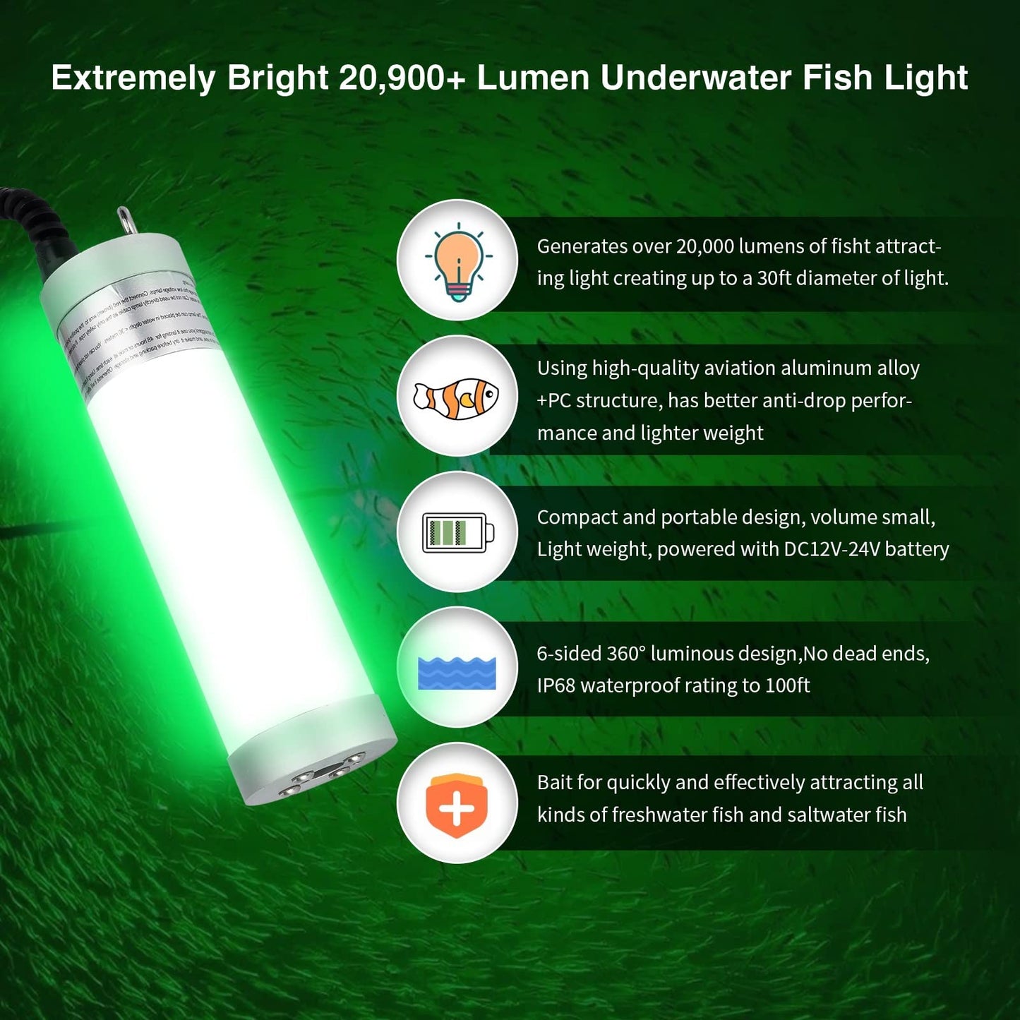 150W 20900lm Underwater Fishing Light, IP68 Waterproof Aluminum Super Bright Night Fish Attracting Submersible LED Lamp Lure Bait Finder for Freshwater Saltwater Sea Kayak Ice Dock (150W White)