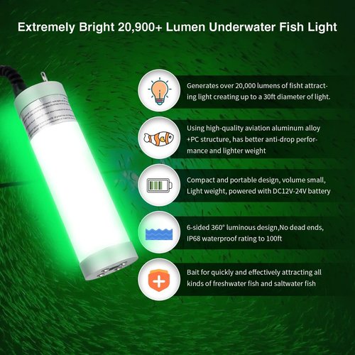 150W 20900lm Underwater Fishing Light, IP68 Waterproof Aluminum Super Bright Night Fish Attracting Submersible LED Lamp Lure Bait Finder for Freshwater Saltwater Sea Kayak Ice Dock (150W White)