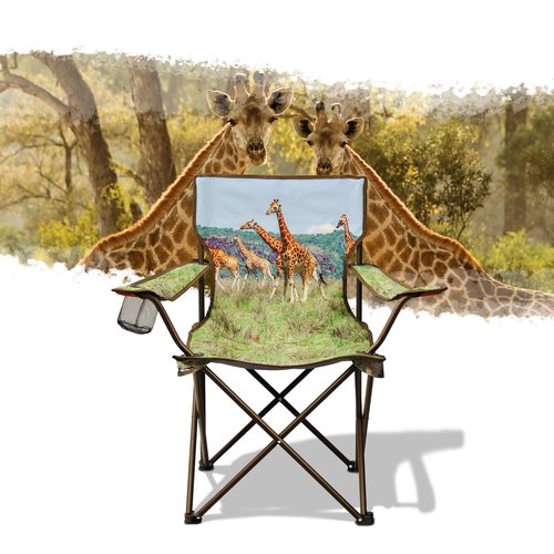 LANMOUNTAIN 2 Pcs Animal Pattern Camping Chair,Folding Backpacking Lightweight Beach Chair w/Cup Holder,Mesh Side Pocket,Carry Bag,Portable Lawn Chair for Adults Family Outdoor Parties,Hiking,Giraffes