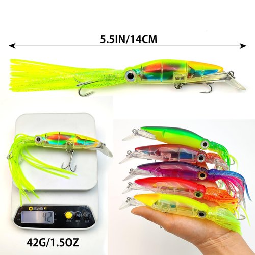 Pfeibk 5pcs Saltwater Fishing Lures Squid Lure, Big Salt Water Lures Squid Skirts Tail Octopus Ocean Jerkbait,Tuna,Salmon Deep Sea Fishing Saltwater (Squid)
