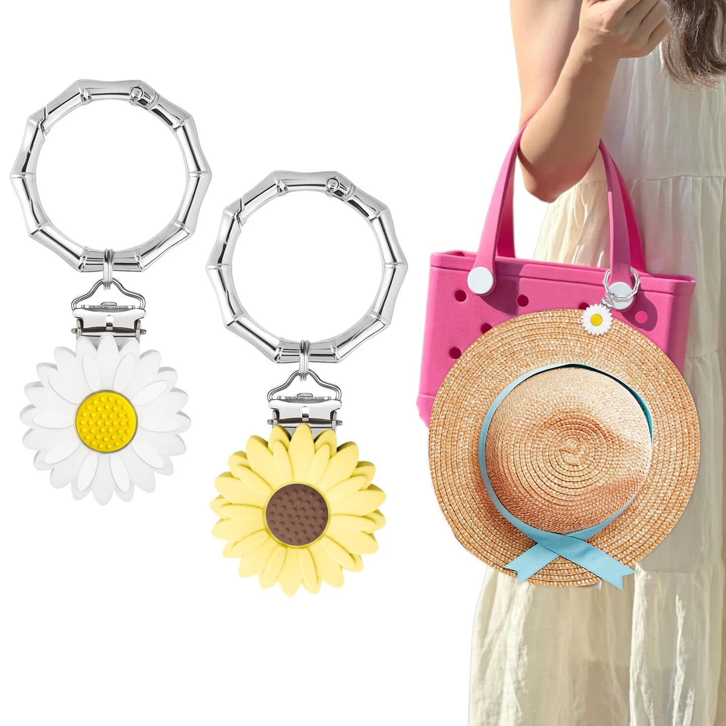 2 Pcs Hat Clip for Travel on Bag- Securely Attach Hats to Bags, Totes, Luggage - Hands-Free, Prevents Loss at Beach/Outings (US, Alpha, One Size, Bamboo Ring, Yellow & White Flowers)