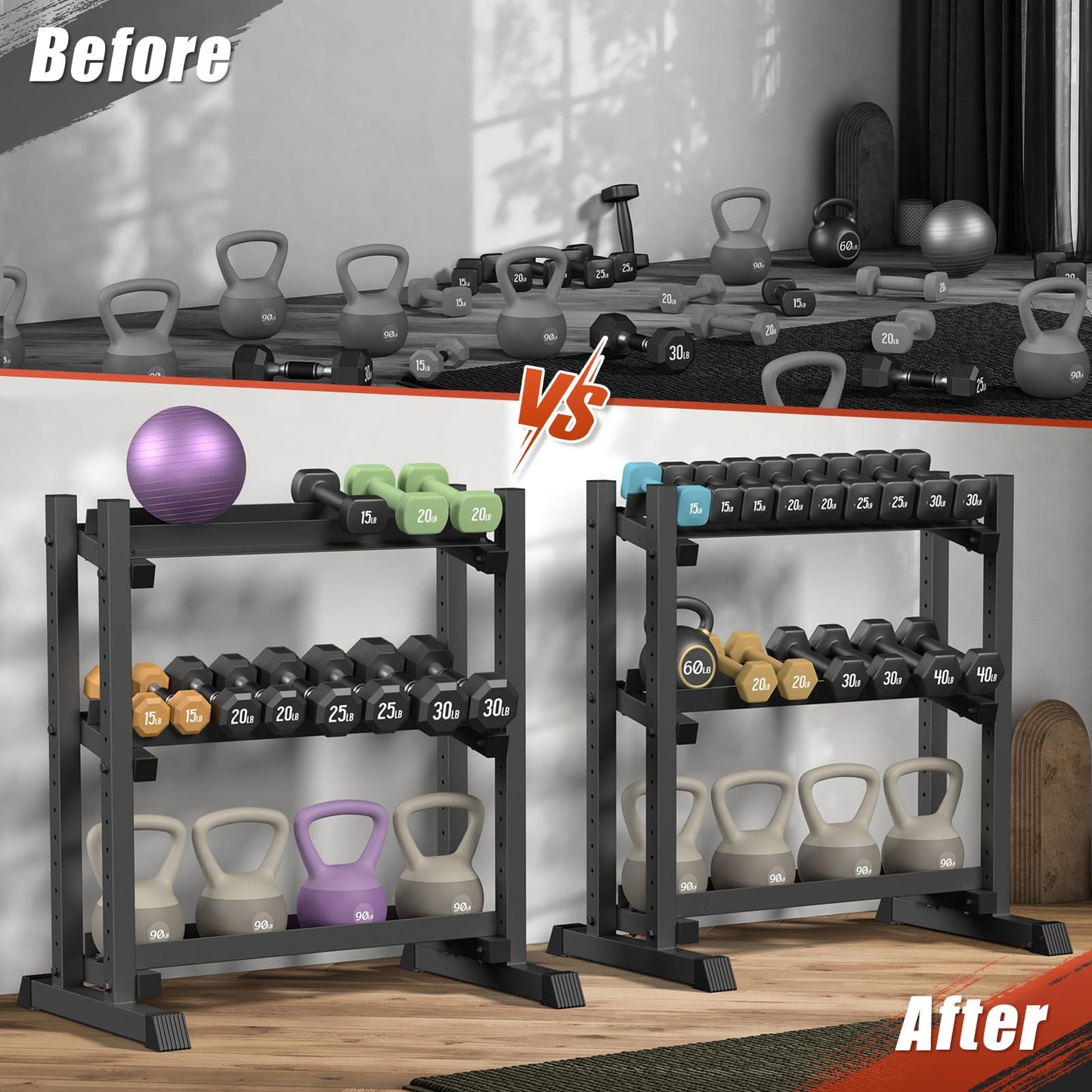 3-Tier Dumbbell Rack Stand Only, 1100LB Capacity Adjustable Weight Rack for Home Gym, Heavy-Duty Weight Stand for Dumbbells & Kettlebells(Rack Only)