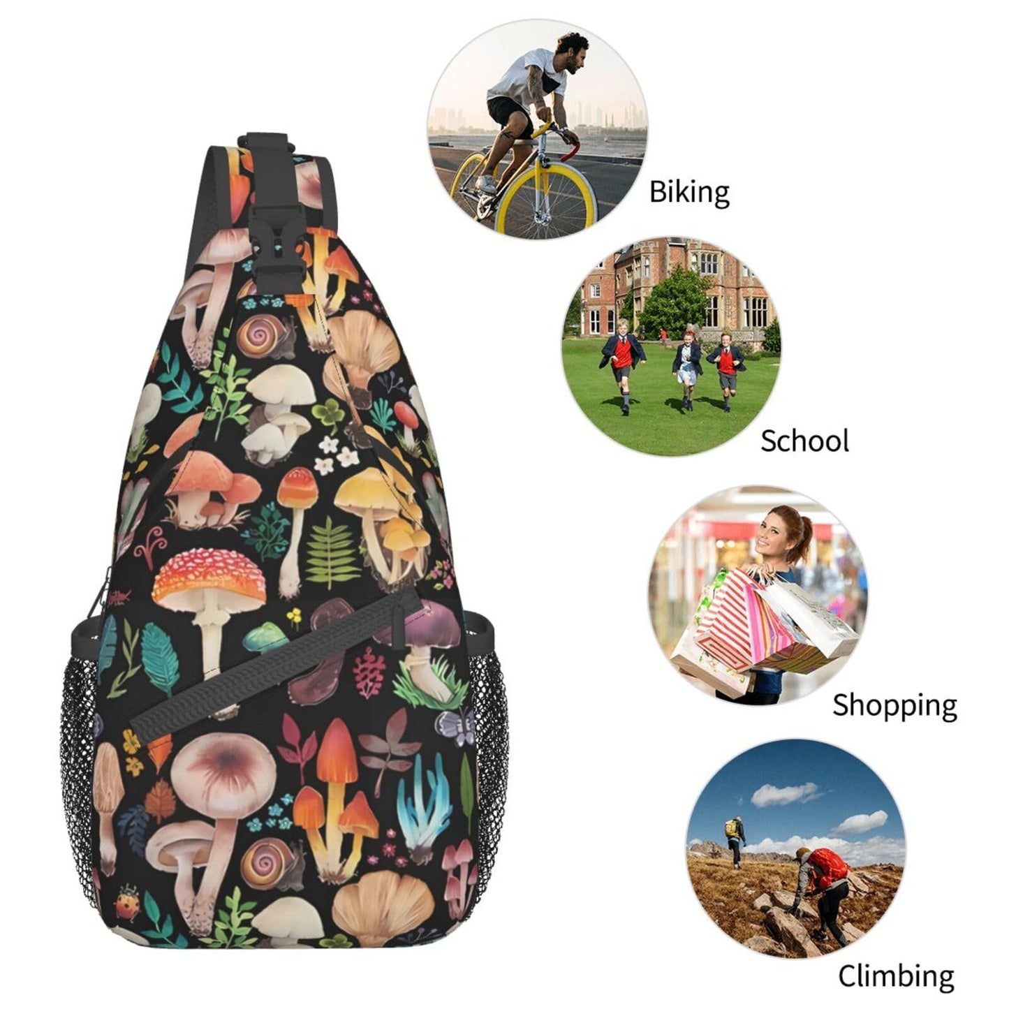 KAWOEEW Mushroom Sling Bag - Crossbody Backpack for Women & Men, Travel & Hiking, Mushroom Decor
