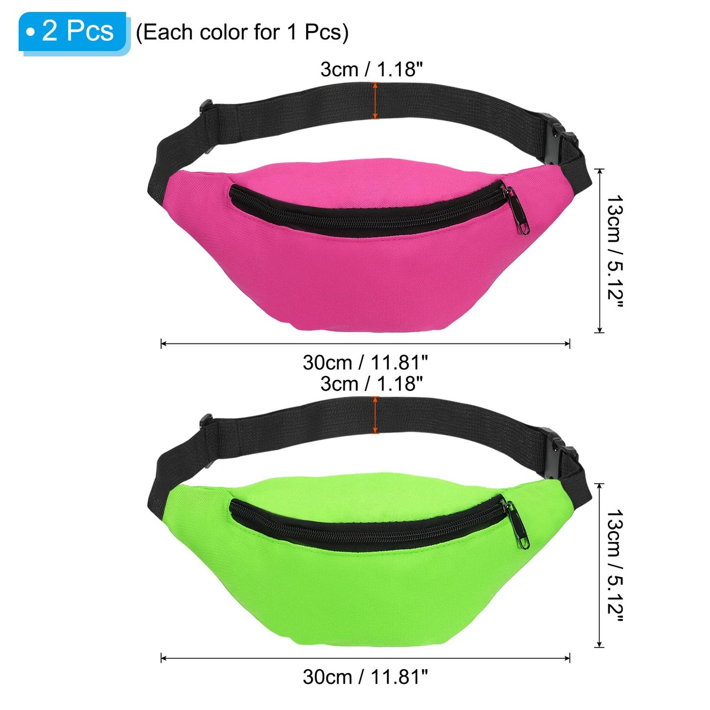 PATIKIL 80s Fanny Pack for Women, 2 Pack Adjustable Waist Bag 90s Fanny Pack for Party, Running, Pink, Green