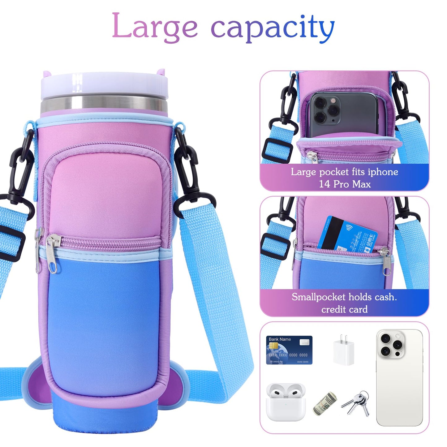 Jecten Water Bottle Carrier Bag Fit for 40oz Stanl-ey Tumbler with Handle, Water Bottle Holder Bag with Adjustable Shoulder Strap for Hiking Travelling Camping (Gradual Purple)