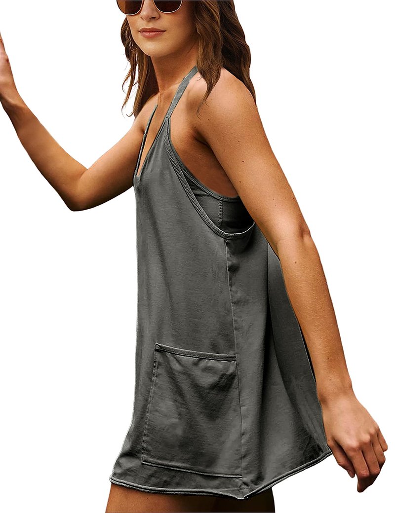 Lentta Womens Athletic Sleeveless Mini Dress with Built-in Shorts V Neck Spaghetti Strap Sundress(Darkgrey-S)