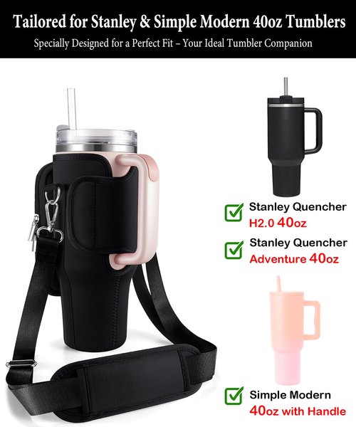 Carrier Bag with Phone Pocket & 2 Strap for Stanley 40 oz Tumbler with Handle & Fits Simple Modern 40oz - Water Bottle Accessories Sling Sleeve Holder for Stanley Cup with Shoulder & Hand Strap