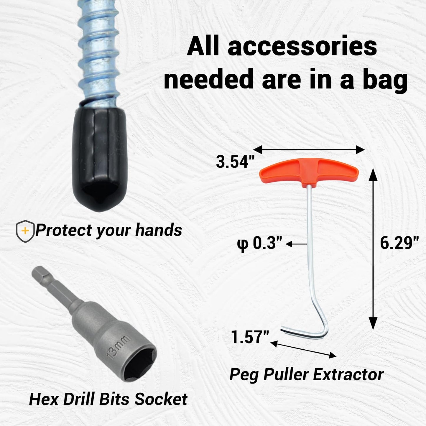 Keovoker 4 Pack Tent Stakes-8” Drill in Heavy Duty Ground Pegs, Screw in Camping Stake with Hex Head Driver, Spikes Puller, Protector in a Carrying Bag, for Hiking, Hammocks, Glow in Dark