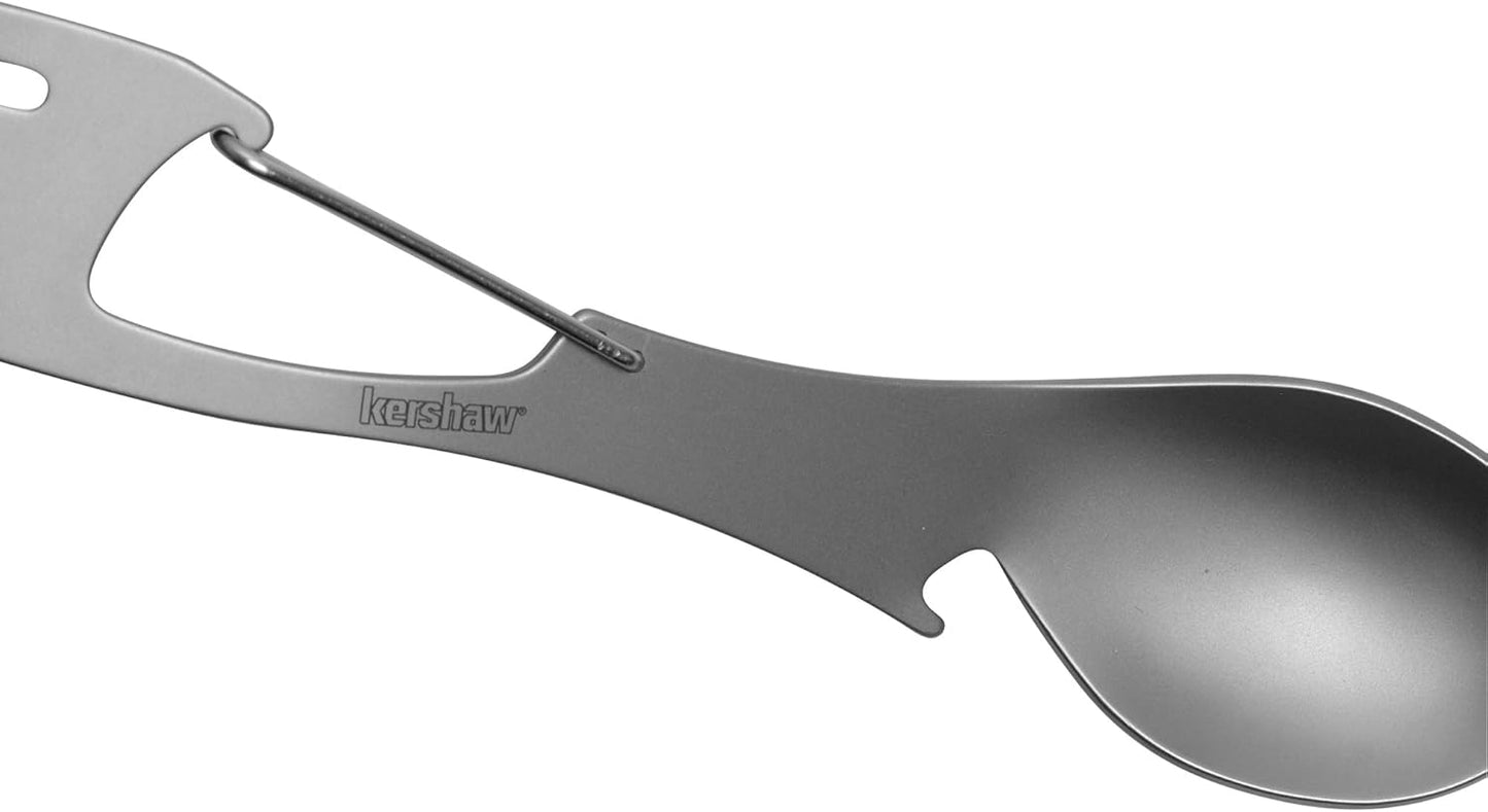 Kershaw Ration Multi Tool Spork, Stainless Steel Spoon, Fork, Carabiner and Bottle Opener, Regular and XL Sizes