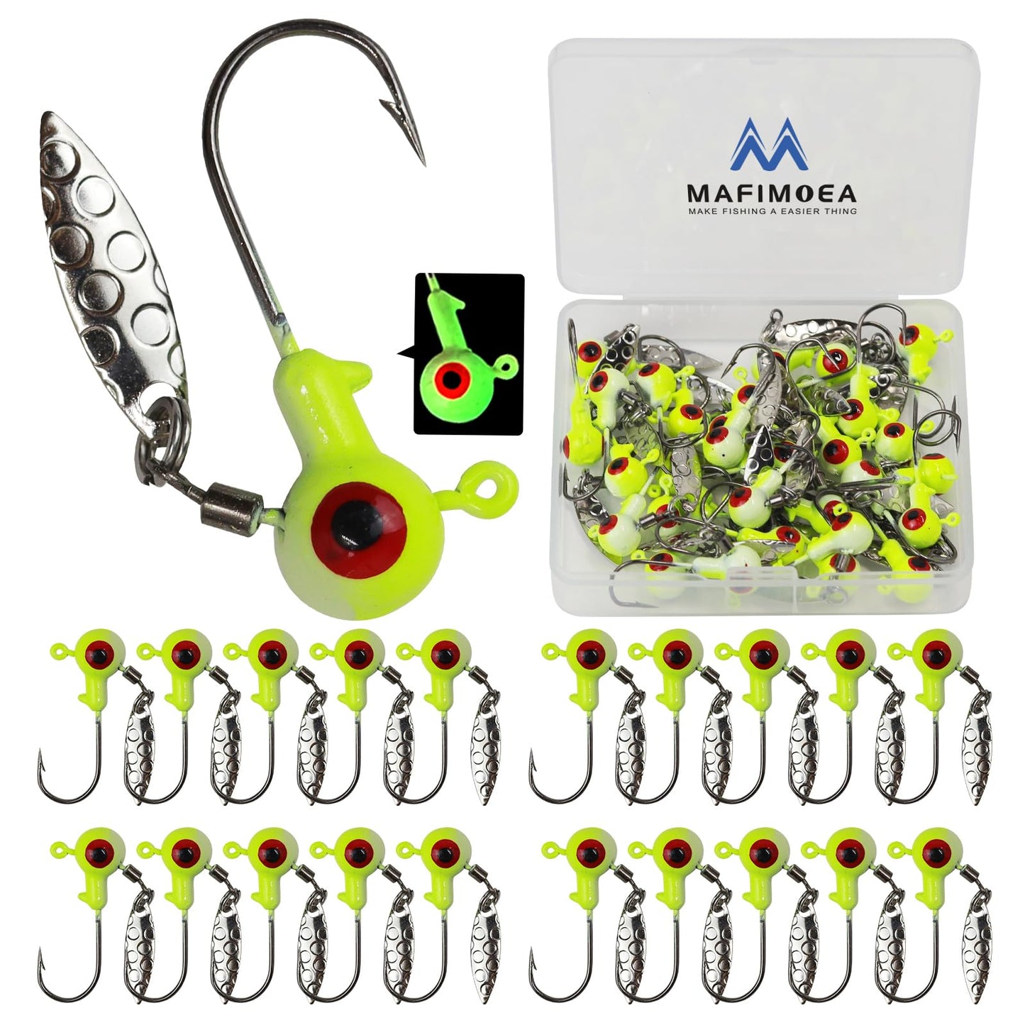 MAFIMOEA 20/30Pcs Underspin Jig Heads with Spinner Fishing Jig Heads Hooks Set Crappie Jigs Fishing Jig Hooks Assortment Saltwater Freshwater Bass Crappie Trout Glow in The Dark