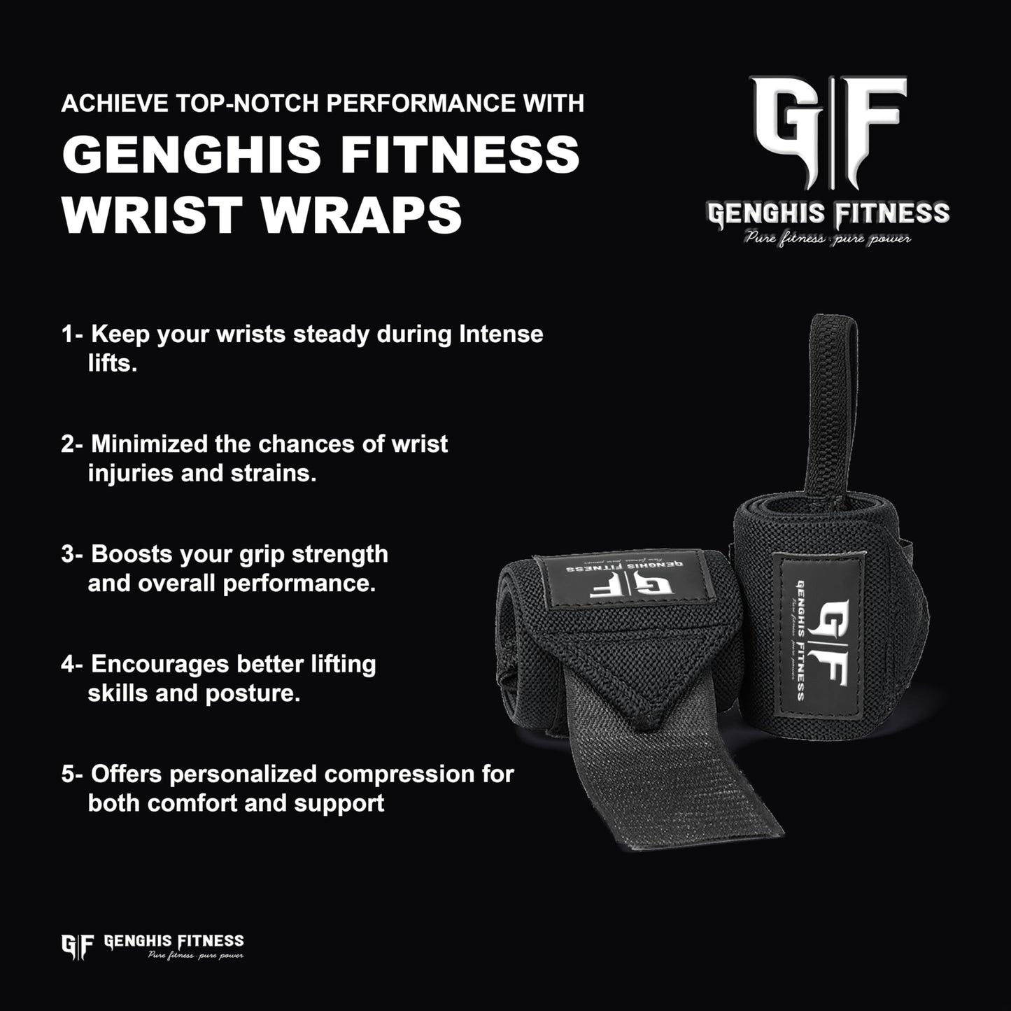 Genghisfitness Weightlifting Wrist Wraps Pair For Powerlifting (12", Grey with White Stripes)