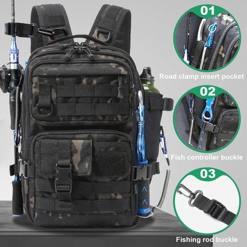 FishingPepo Fishing Backpack Fishing Tackle Storage Bag Fishing Gear and Equipment with Rod Holder Fishing Tackle Shoulder Sling Bag Backpack for Outdoor Fishing, Hunting, Hiking (Black)
