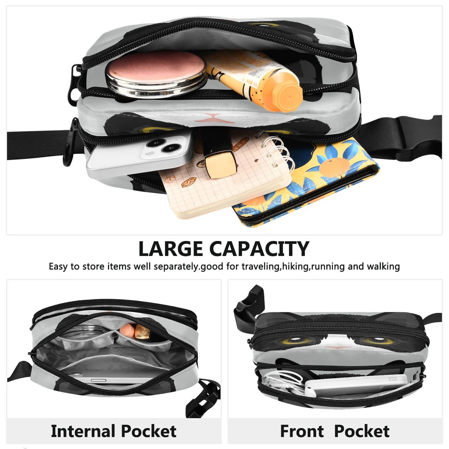 Portrait Of Tuxedo Cat Belt Bag for Women Men Fanny Pack Small Waist Pouch Crossbody Bags for Outdoor Hiking Running Travel
