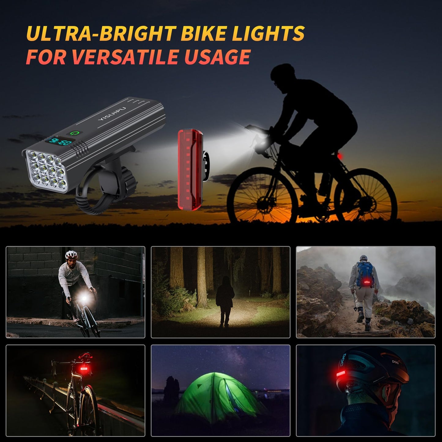 Ultra-Bright 12 LED Bike Lights for Night Riding - 10000mAh Bike Lights Rechargeable, 5+5 Modes Bike Headlight and Tail Light Set Runtime 36+ Hrs, for Road and Mountain Biking