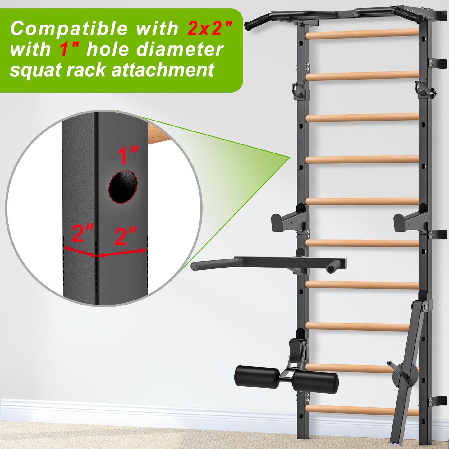 Kipika Gymnastic Stall Bar - 2"x2" Swedish Ladder with 1" Hole, Wall Mounted Pull-up Bar Ladder Suspension Trainer, Solid Wood Grips Gymnastics Training Bar for Home, Wall Gym, School