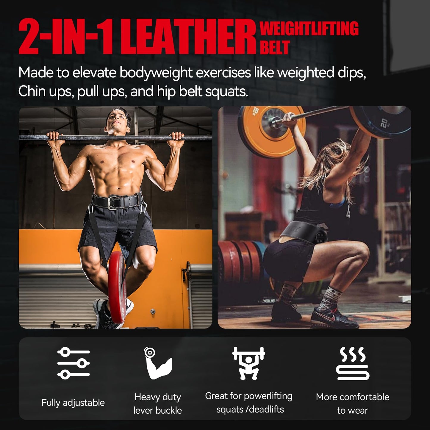 Jaffick Leather Weight lifting belt & 2-in-1 Dip Belt with Rope for Weightlifting Pull Up Gym Powerlifting Squat Bodybuilding Waist Support for Men Women