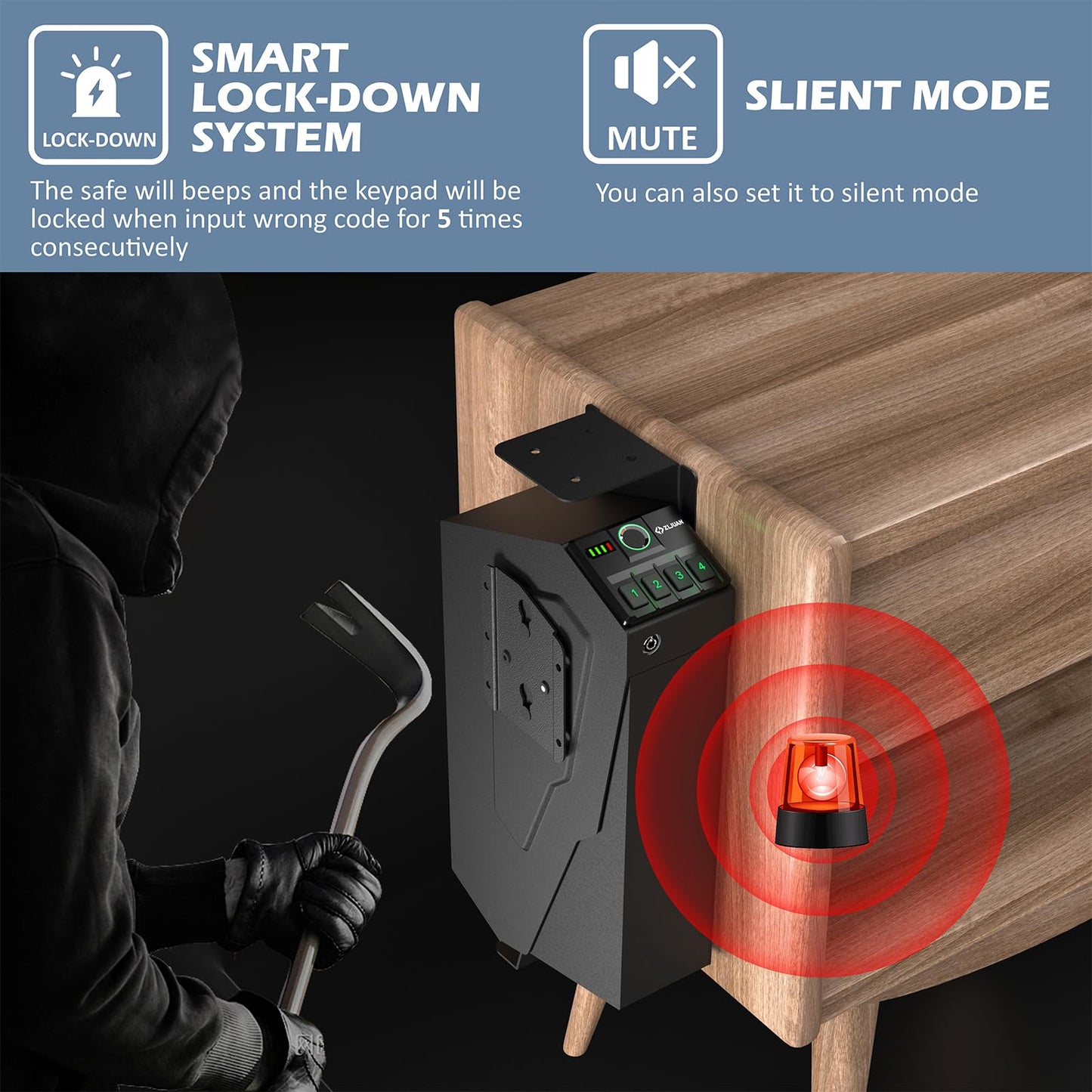 Z ZLJUAN Mounted Gun Safe for Pistols,Quick-Access Handgun Pistol Safe for Nightstand Bedside Desk Bed with Biometric Fingerprint, Keypad Lock,Key