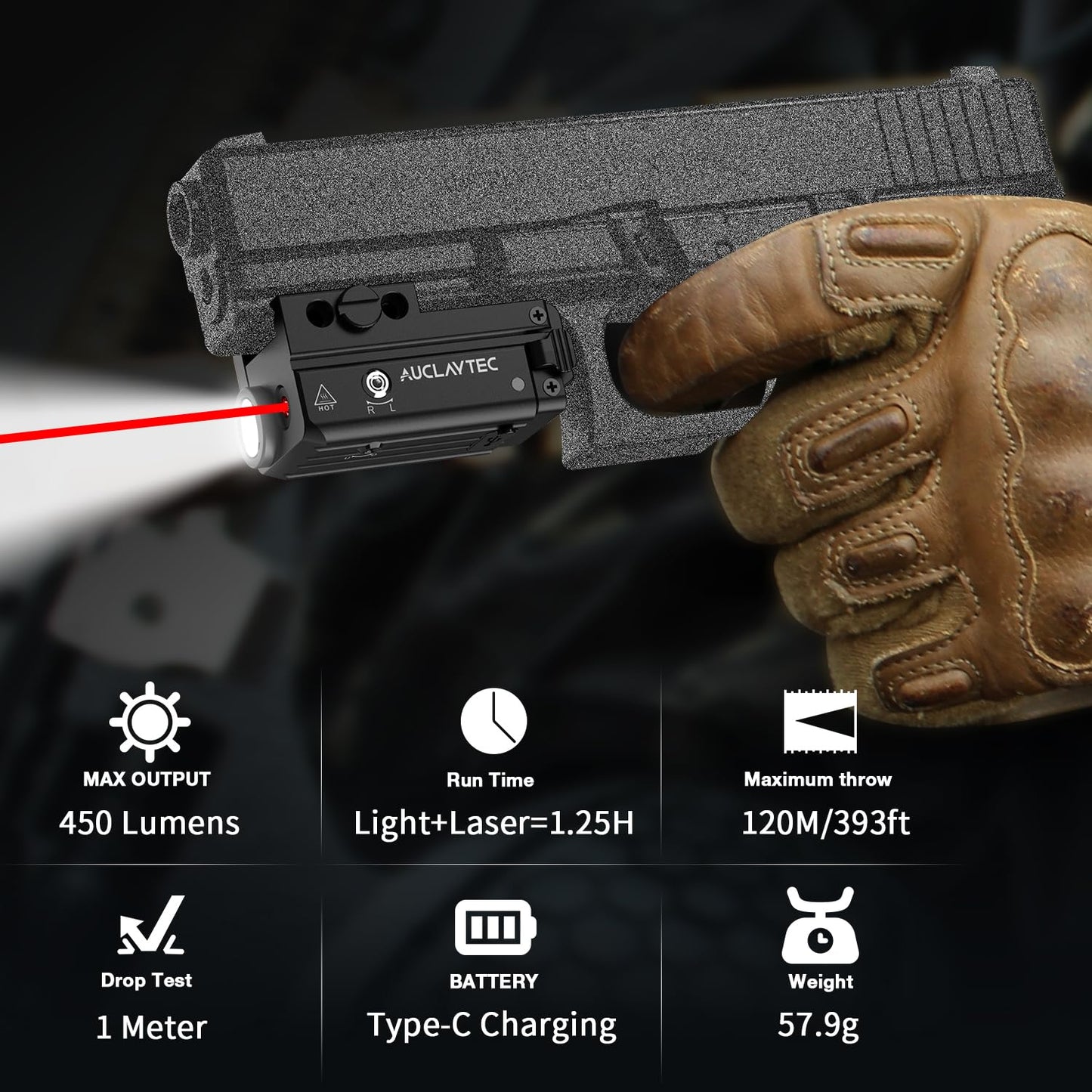 AUCLAYTEC 450 Lumen Pistol Flashlight Red Beam Laser Light Combo Gun Light, Compact Pistol Laser Flashlight Combo USB-C Rechargeable Tactical Flashlight for GL or Picatinny Rail